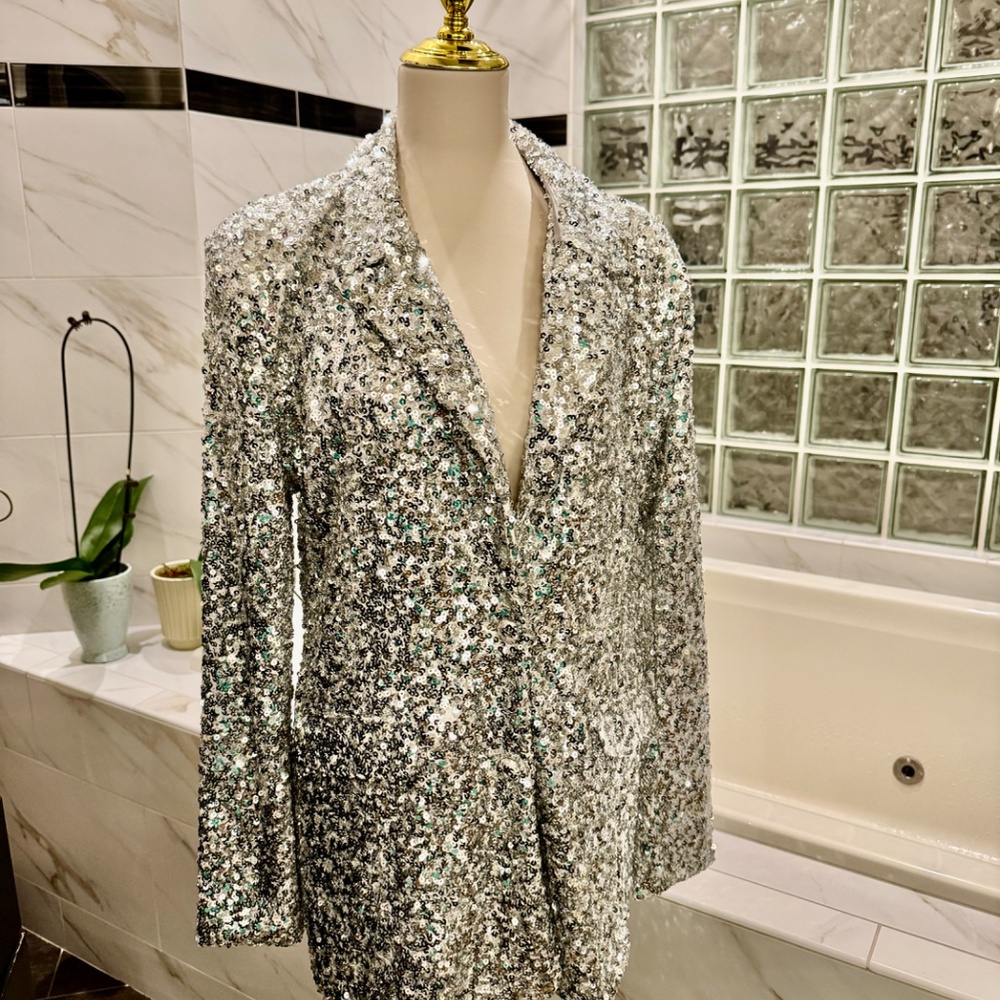 AZALEA WANG  SEQUIN BLAZER JACKET SILVER XL